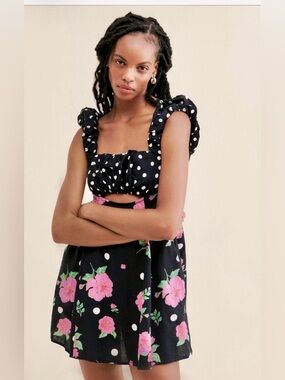 Free People Black Mini Dress with Pink Floral & White Polka Dots
